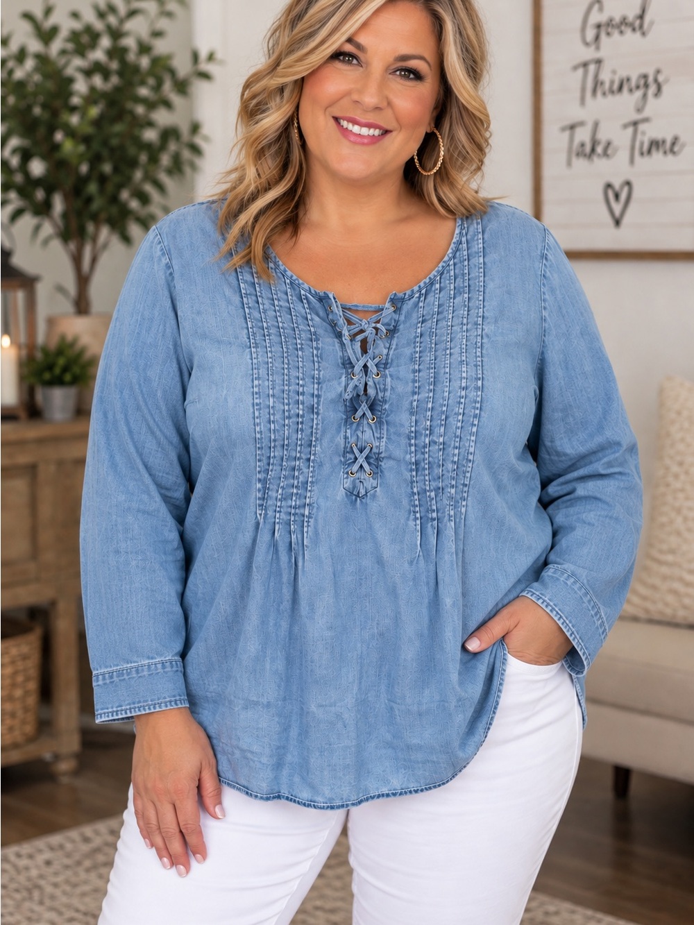 Talbots Light Blue Lace-Up Denim Peasant Top